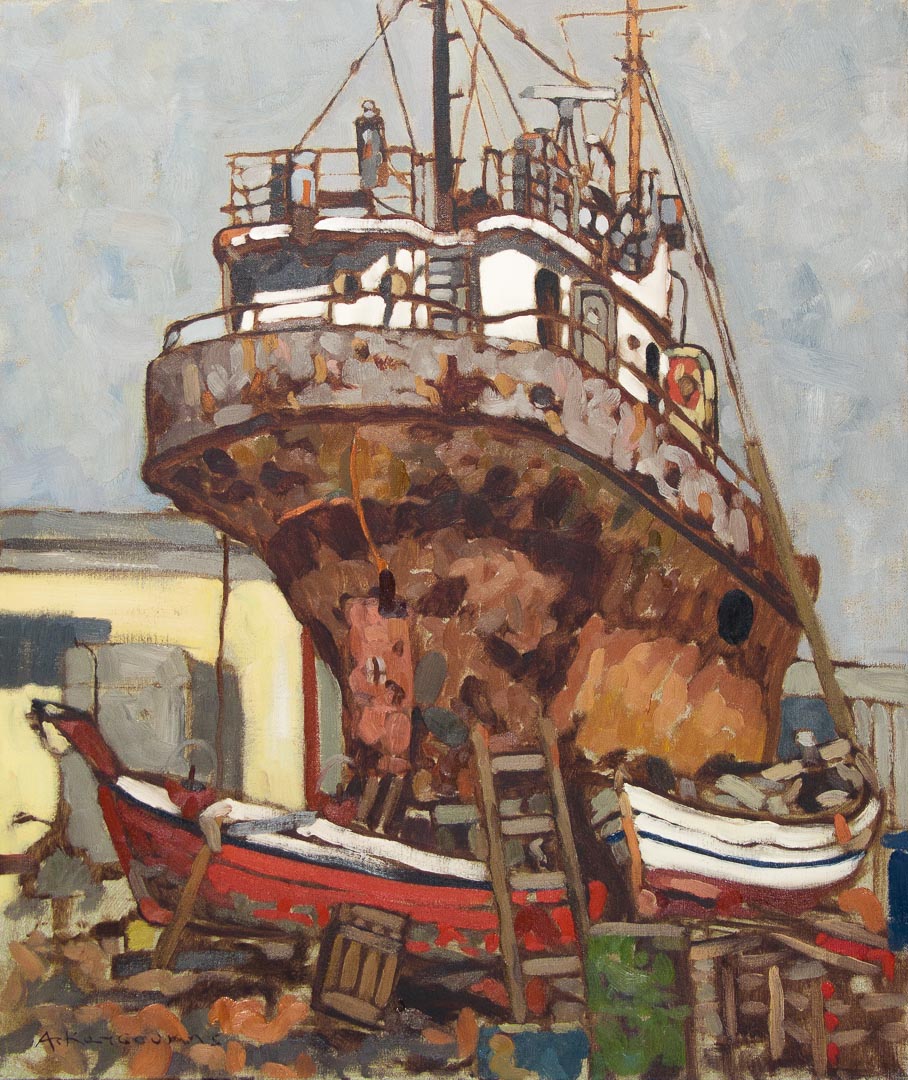 Adam Katsoukis, Boatyard Keramoti, Oil on canvas 55 x 65 cm, 2009