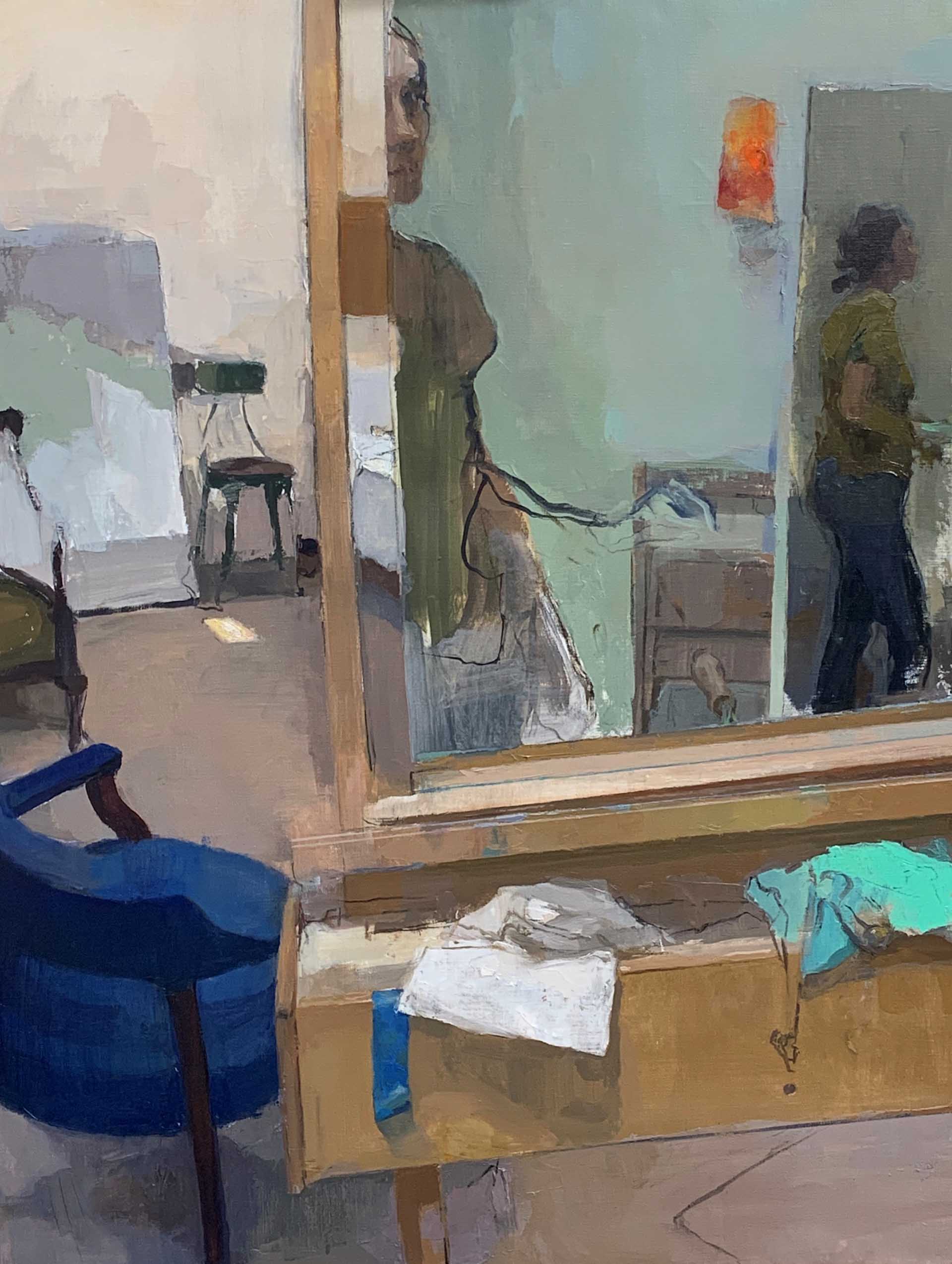Carolyn Pyfrom, Green mirror, Oil on linen, 35 x 27 in. 2020