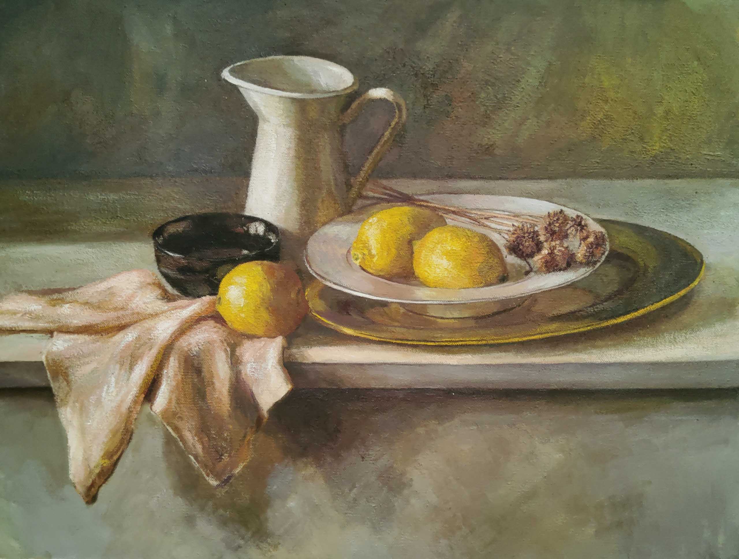 Christy Tam Lee Tat, "Double plates for lemons", Oil on canvas, 62 x 47 cm, 2021