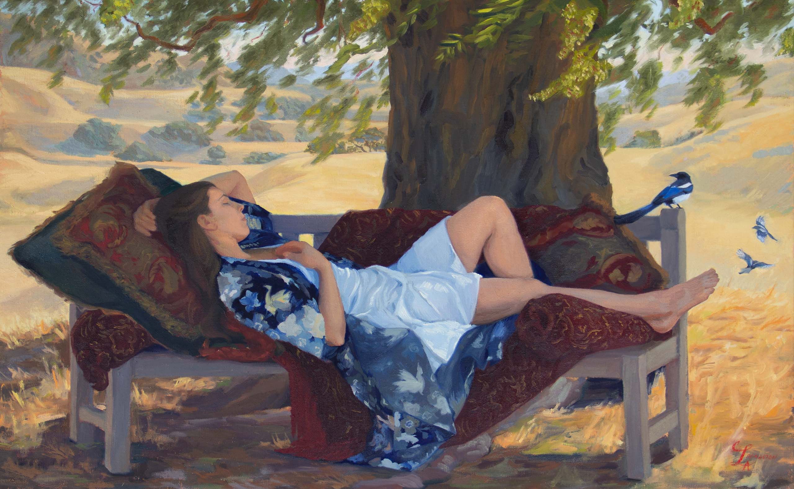 Claire Livingston, "Rustling leaves, restless dreams", Oil on linen, 22 x 34 in. 2021