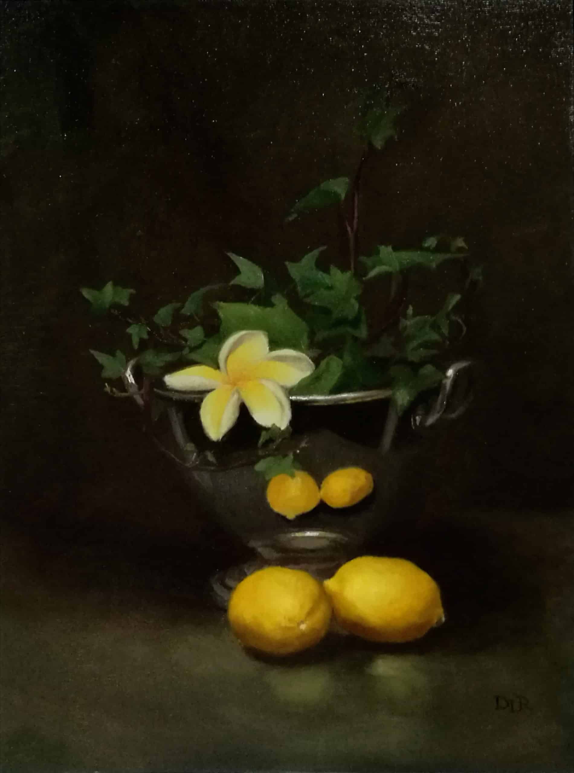 Daniela Roughsedge, "Still life with ivy lemons and frangipani", Oil on canvas board, 30 x 40 cm, 2020
