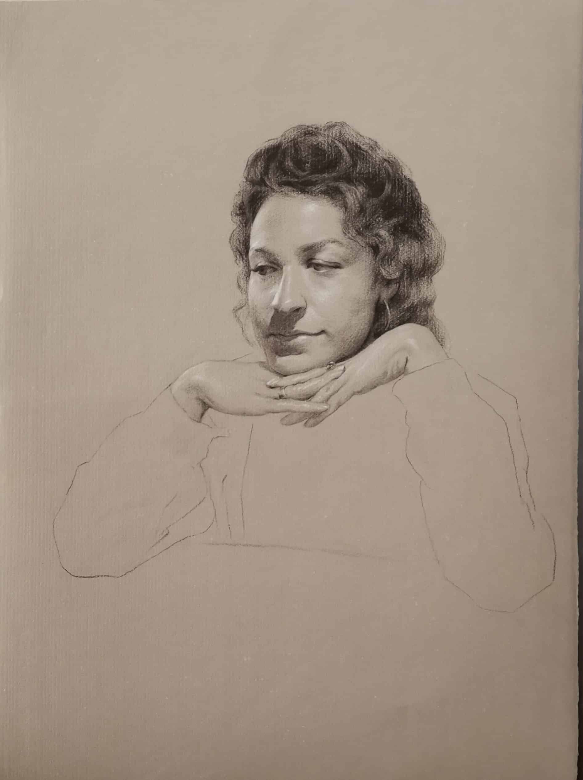 Nguyen Cuong Ta, "Potrait of Martine", Charcoal on Roma paper, 2021