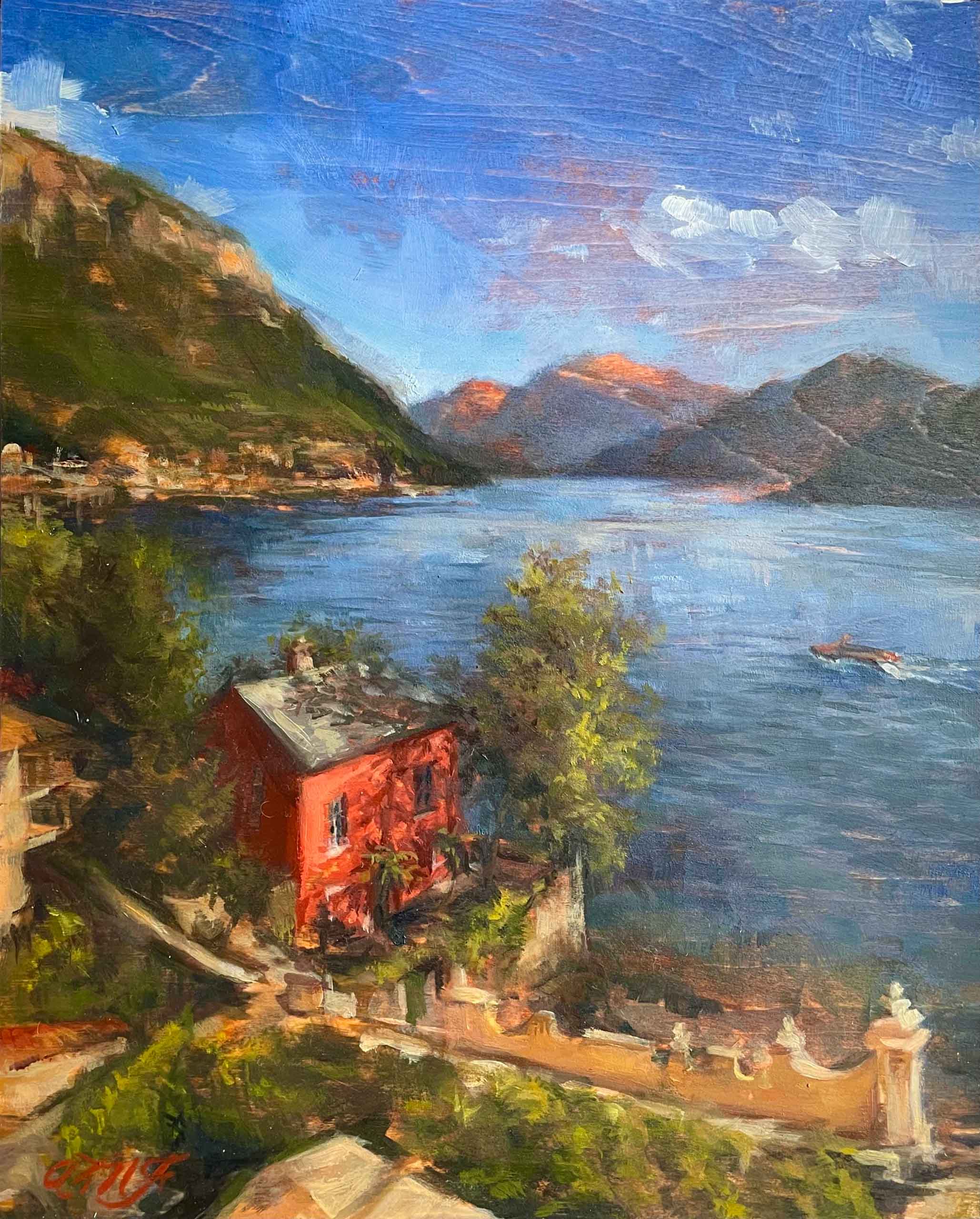 Andrea Nutt Falce, Afternoon in Italy, a View of Lake Como from Varenna, Oil on birch, 8 x 10 in. 2020