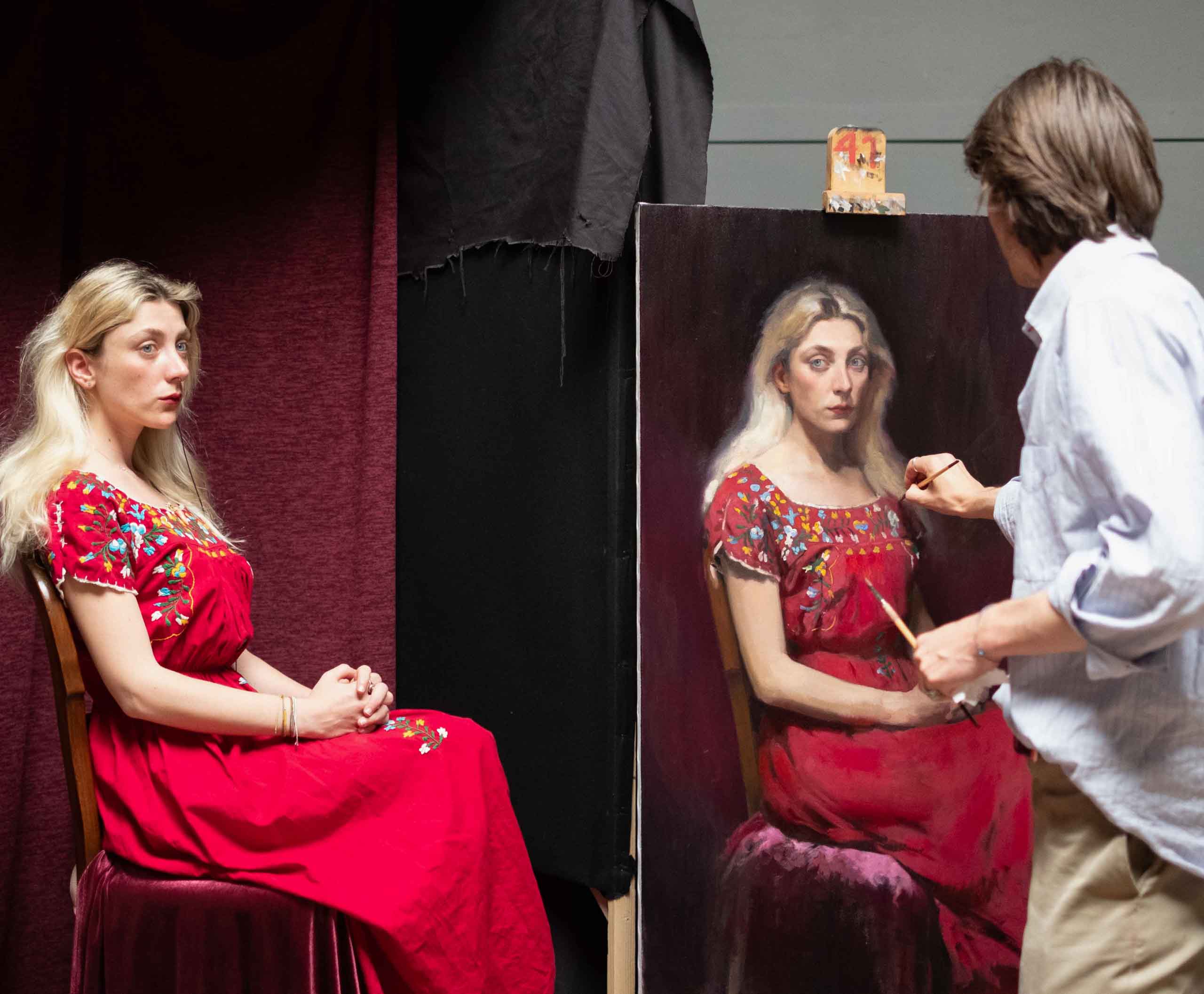 7_Advanced painitng student Gabriel Eekenulv at work on a final project, a portrait with hands ph. Elizabeth Ralph-Smith