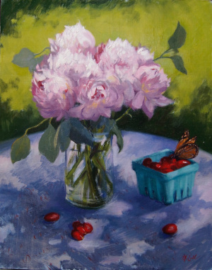 Megan Euell, "Peonies and Cherry Tomatoes", Oil on birch, 40.5x51 cm (16x20 in), 2019 Megan Euell, "Peonies and Cherry Tomatoes", Oil on birch, 40.5x51 cm (16x20 in), 2019