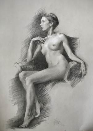 Andrea Falce, "Female Nude", Charcoal and white chalk on toned paper, 84x68.5 cm (33x27 in), 2017 Andrea Falce, "Female Nude", Charcoal and white chalk on toned paper, 84x68.5 cm (33x27 in), 2017