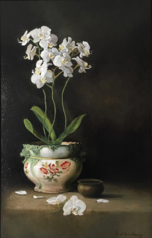 Sarah Kueny, "Orchids in a Lion Bowl", Oil on canvas, 46x61 cm (18x24 in), 2019 Sarah Kueny, "Orchids in a Lion Bowl", Oil on canvas, 46x61 cm (18x24 in), 2019