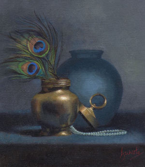 Duhita Samaiyar, "Of Beads and Feathers", Oil on linen, 35x30 cm, 2019 Duhita Samaiyar, "Of Beads and Feathers", Oil on linen, 35x30 cm, 2019