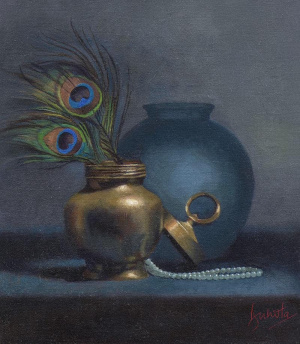 Duhita Samaiyar, "Of Beads and Feathers", Oil on linen, 35x30 cm, 2019 Duhita Samaiyar, "Of Beads and Feathers", Oil on linen, 35x30 cm, 2019