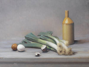 Anne Koldsø¸, "Leeks with Eggs and Vase", Oil on canvas, 60x45 cm, 2021 Anne Koldsø¸, "Leeks with Eggs and Vase", Oil on canvas, 60x45 cm, 2021