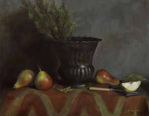 Dana DiMuro, "Pears with Vase", Oil on panel, 35.5x46 cm (14x18 in), 2021 Dana DiMuro, "Pears with Vase", Oil on panel, 35.5x46 cm (14x18 in), 2021