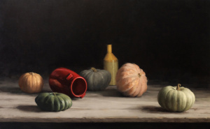Anne Koldsø, Pumpkins and Vases, Oil on canvas, 115x70 cm, 2020 Anne Koldsø, Pumpkins and Vases, Oil on canvas, 115x70 cm, 2020