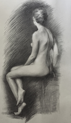 "Seated Nude", Charcoal and white chalk on toned paper, 100x50 cm (39x20 in), 2016 Andrea Falce, "Seated Nude", Charcoal and white chalk on toned paper, 100x50 cm (39x20 in), 2016