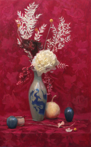 Tanvi Pathare, "Pink Silk and Blue China", Oil on linen, 80x50 cm, 2020 Tanvi Pathare, "Pink Silk and Blue China", Oil on linen, 80x50 cm, 2020