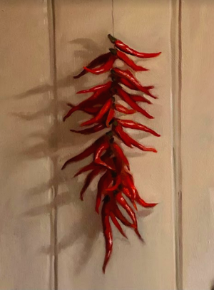 Clementine Hanbury, "Drying Chillies", Oil on panel, 40x30 cm, 2021 Clementine Hanbury, "Drying Chillies", Oil on panel, 40x30 cm, 2021