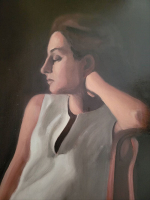 Joan Ruchelman, "Girl in the Lady's Chair", Oil on canvas, 46x51 cm (18x20 in), 2020 Joan Ruchelman, "Girl in the Lady's Chair", Oil on canvas, 46x51 cm (18x20 in), 2020