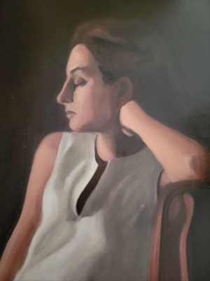 Joan Ruchelman, "Girl in the Lady's Chair", Oil on canvas, 46x51 cm (18x20 in), 2020 Joan Ruchelman, "Girl in the Lady's Chair", Oil on canvas, 46x51 cm (18x20 in), 2020