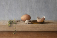 Anne Koldsø, "Eggs and spices", Oil on canvas, 32 x 21 cm, 2015
