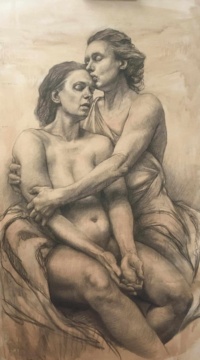 "Be held", Charcoal on toned paper, 110 x 62 cm, 2019 Sanna Tomac, "Be held", Charcoal on toned paper, 110 x 62 cm, 2019