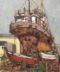 "Boatyard Keramoti", Oil on canvas 55 x 65 cm, 2009 Adam Katsoukis, Boatyard Keramoti, Oil on canvas 55 x 65 cm, 2009