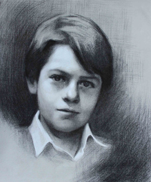 Alicia Combs, Prepatory study for a painted portrait - Ned, Charcoal and chalk study on toned paper, 26x33 cm, 2020 Alicia Combs, Prepatory study for a painted portrait - Ned, Charcoal and chalk study on toned paper, 26x33 cm, 2020