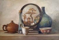 "Chinese tea time", Oil on canvas, 27 x 40 cm, 2021 Christy Tam Lee Tat, "Chinese tea time", Oil on canvas, 27 x 40 cm, 2021