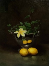 "Still life with ivy lemons and frangipani", Oil on canvas board, 30 x 40 cm, 2020 Daniela Roughsedge, "Still life with ivy lemons and frangipani", Oil on canvas board, 30 x 40 cm, 2020