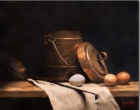 "Old Copper, Ladle and Eggs", Oil on linen, 50 x 40 cm, 2019 Duhita Samaiyar, "Old Copper, Ladle and Eggs", Oil on linen, 50 x 40 cm, 2019