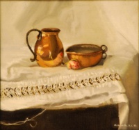 "Copper pots and rose", Oil on canvas, 29 x 27 cm,2021 Elisabeth Andersson Lindberg, Copper pots and rose, Oil on canvas, 29 x 27 cm,2021
