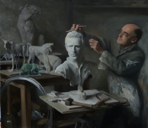 Jamie Coreth, Dad sculpting me, Oil on linen, 104 x 120 cm, 2016 Jamie Coreth, Dad sculpting me, Oil on linen, 104 x 120 cm, 2016