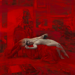 Jordi Diaz Alamà - Vulcano. Red Studio series - oil, enamel and resin on canvas - 100 x 100 cm - 2019 Jordi Diaz Alamà - Vulcano. Red Studio series - oil, enamel and resin on canvas - 100 x 100 cm - 2019