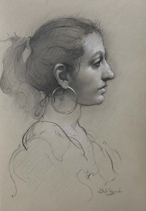 Justas Varpucanskis, Ritratto di Noemi, Graphite and white chalk on toned paper, 7 x 10 in. 2019 Justas Varpucanskis, Ritratto di Noemi, Graphite and white chalk on toned paper, 7 x 10 in. 2019