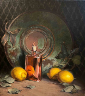 Megan K. Euell, Still life with lemons and copper, Oil on linen, 16 x 14 in. 2021 Megan K. Euell, Still life with lemons and copper, Oil on linen, 16 x 14 in. 2021