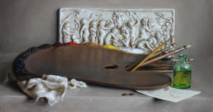 Michael DeVore The Attributes of Art, 2015, oil on panel, 16x30in (40x76cm) Michael DeVore The Attributes of Art, 2015, oil on panel, 16x30in (40x76cm)