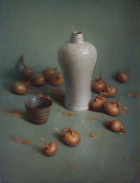 Michael DeVore, White vase with onions, Oil on acm panel, 40 x 30 cm, 2020 Michael DeVore, White vase with onions, Oil on acm panel, 40 x 30 cm, 2020