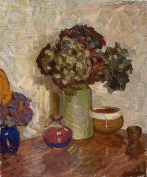 Nathan Sowa, Hydrangeas and vases, Oil, 10 x 12 in. 2019 Nathan Sowa, Hydrangeas and vases, Oil, 10 x 12 in. 2019