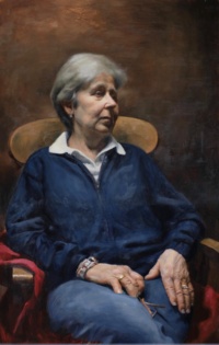 "Dr Maeve Robinson, Family Planning Doctor and Educator", Oil on birchwood, 96 x 60 cm, 2020 Nicholas Benedict Robinson, Dr Maeve Robinson, Family Planning Doctor and Educator, Oil on birchwood, 96 x 60 cm, 2020