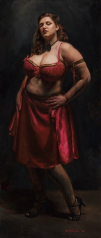 "Portrait of burlesque performer, Soup DuJour", Oil on birchwood, 140 x 60 cm, 2020 Nicholas Benedict Robinson, Portrait of burlesque performer, Soup DuJour, Oil on birchwood, 140 x 60 cm, 2020