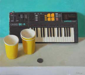 Oliver Scarlin, Casio and Yellow Cups, Oil on panel, 45 x 40 cm ,2021 Oliver Scarlin, Casio and Yellow Cups, Oil on panel, 45 x 40 cm ,2021