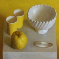 "Cups and Quince", Oil on panel, 45 x 45 cm, 2021 Oliver Scarlin, Cups and Quince, Oil on panel, 45 x 45 cm, 2021