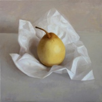 "Pear in Paper", Oil on panel, 35 x 35 cm, 2021 Oliver Scarlin, Pear in Paper, Oil on panel, 35 x 35 cm, 2021
