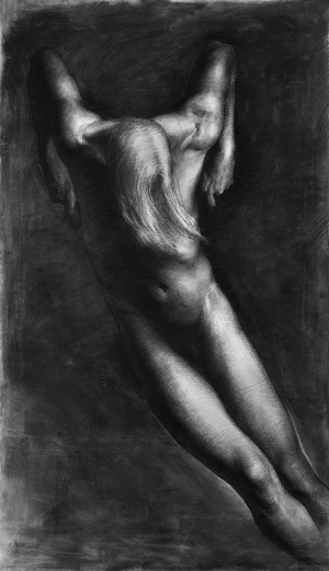 Per Elof Nilsson Ricklund, Preparatory drawing for "Skuld's Valediction 1", Charcoal, 128 x 72cm, 2018, €1.800,00 Per Elof Nilsson Ricklund, Preparatory drawing for "Skuld's Valediction 1", Charcoal, 128 x 72cm, 2018, €1.800,00