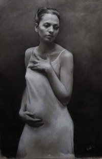 "Maternal Awakening", Charcoal and white chalk on handtoned paper, 60 x 110 cm, 2019 "Seated Pose", Oil On canvas, 70 x 100 cm, 2019