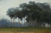 Sean Forester, "Eucalyptus Trees in the Fog", Oil on linen, 23 x 36 cm, 2020