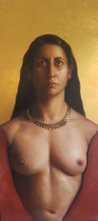 "Shaman", Oil and gold on wood panel, 65 x 30 cm, 2020 Stella Lamikhov, "Shaman", Oil and gold on wood panel, 65 x 30 cm, 2020