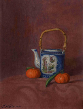 Tasha Walle, Asian teapot with mandarins, Oil on linen, 35 x 45 cm, 2021 Tasha Walle, Asian teapot with mandarins, Oil on linen, 35 x 45 cm, 2021
