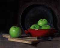 "Green apples in red bowl", Oil on linen, 45 x 35 cm, 2010 Tasha Walle, "Green apples in red bowl", Oil on linen, 45 x 35 cm, 2010