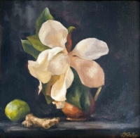 "Magnolia, Lime and Time", Oil on canvas mounted on wood panel, 14 x 14.5 in. 2019 Andrea Nutt Falce, Magnolia, Lime and Time, Oil on canvas mounted on wood panel, 14 x 14.5 in. 2019