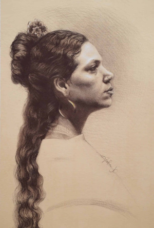 Andrea Jimenez Carrasquillo, Self-portrait in Adagio, Sepia and white chalk over coffee toned arches paper, 50 × 60 cm, 2025