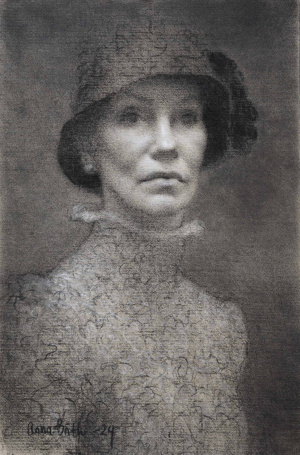 Anna-Brith Arntsen, "Self-portrait with hat and lace blouse", Charcoal and white chalk, 30 x 46 cm, 2024